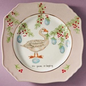 Anthropologie Holiday Goose Plate - Cream and Blue